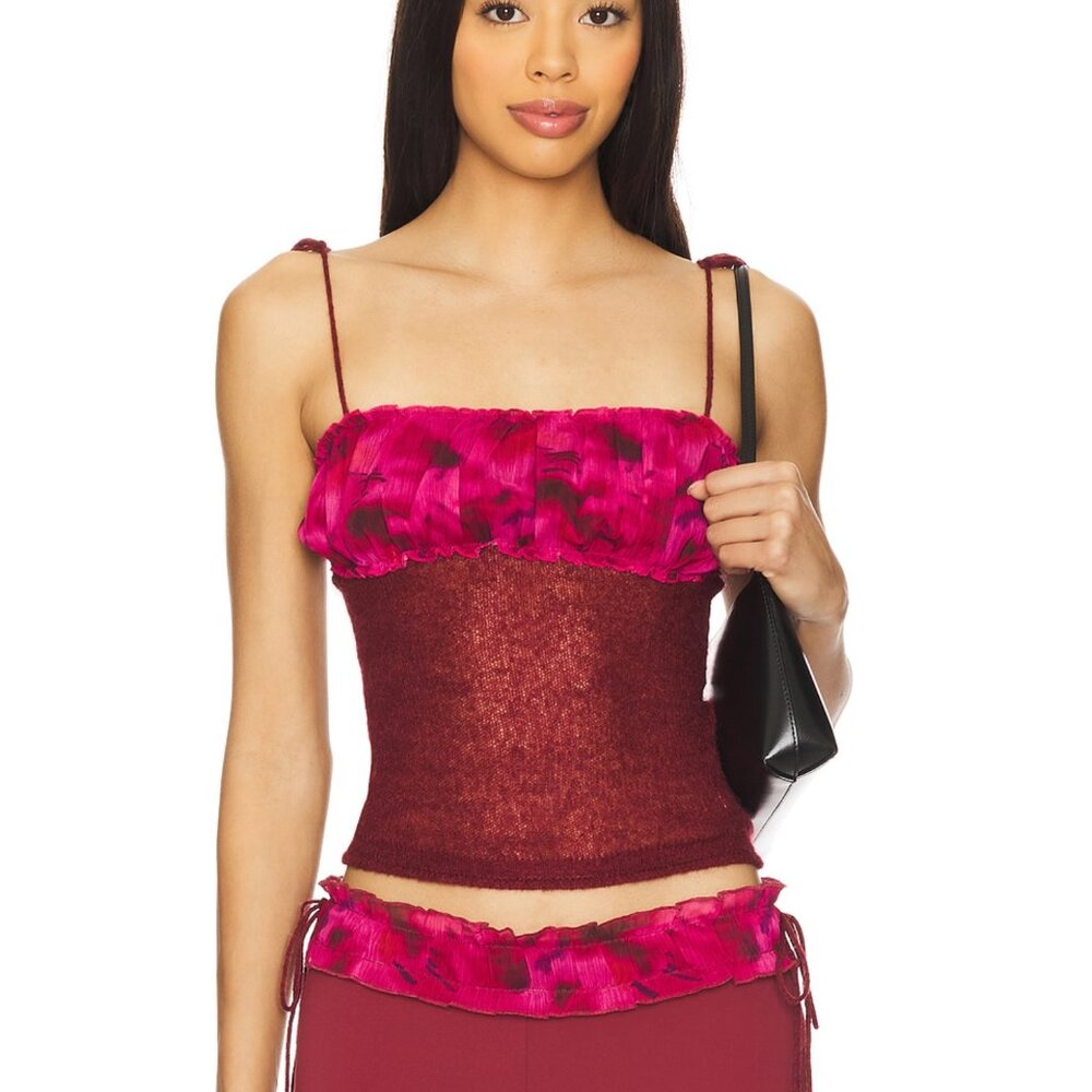 NEW GUIZIO Ruched Knit Tank Top in Pink Multi Red Cami Camisole Danielle Small S